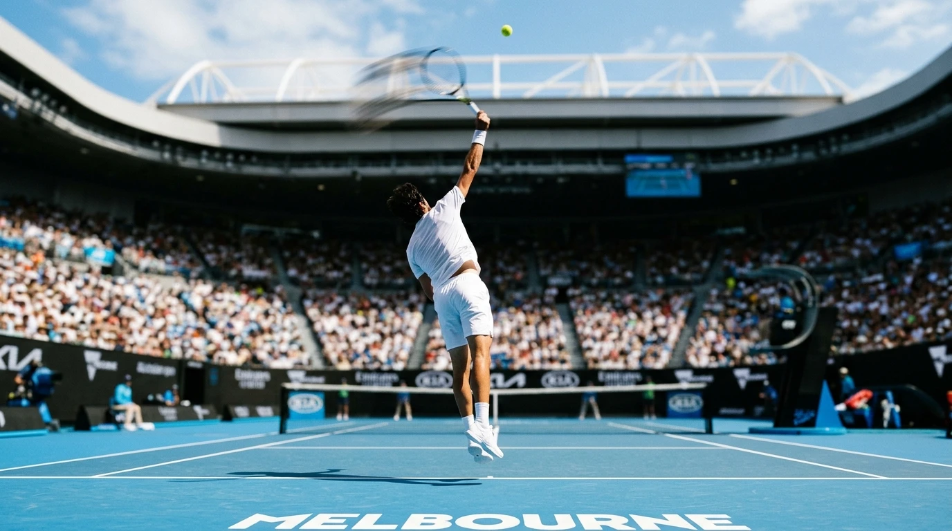 Jogador de ténis masculino a servir num campo de piso duro durante torneio ATP