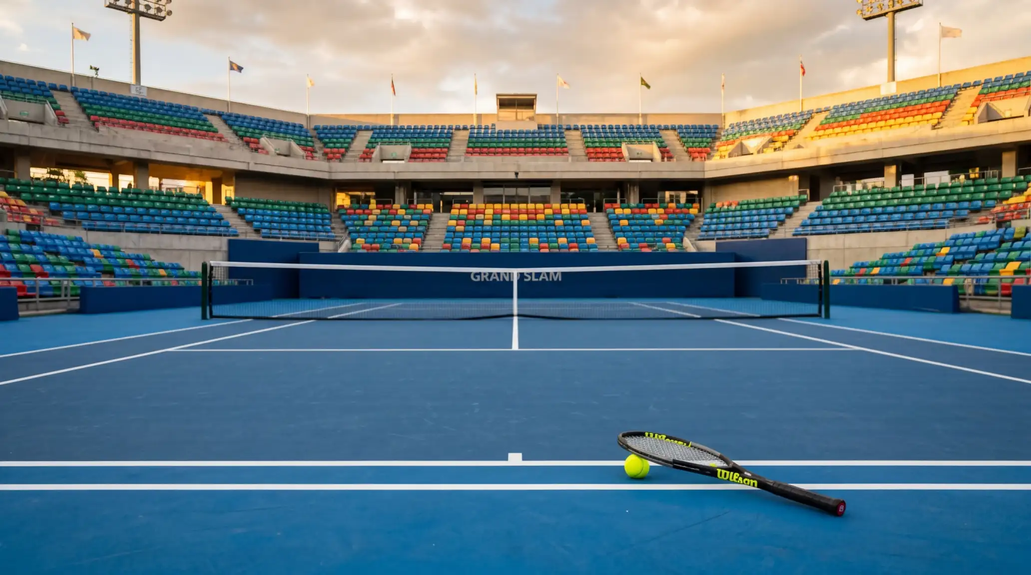 Campo de ténis num torneio Grand Slam com raquete e bola sobre a rede