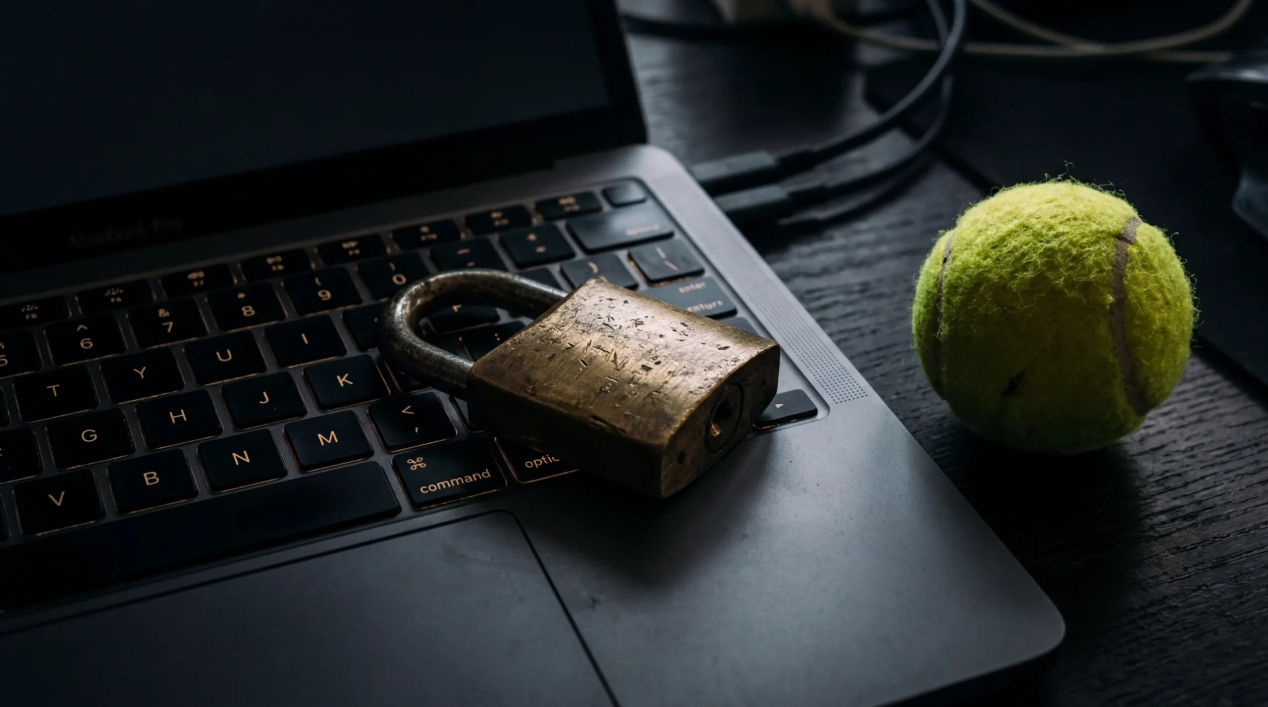 Cadeado fechado sobre um teclado de computador com uma bola de ténis ao lado