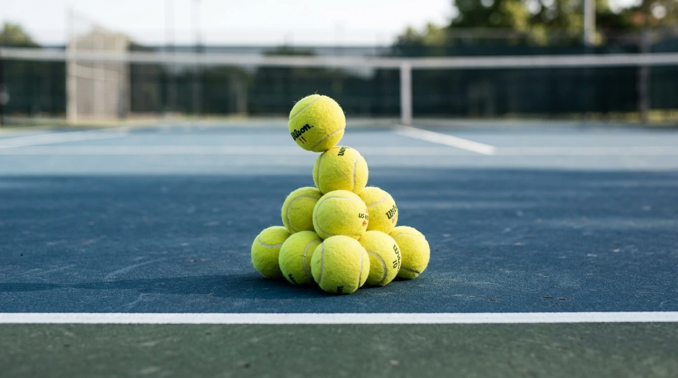 Pilha de bolas de ténis empilhadas em equilibrio instavel