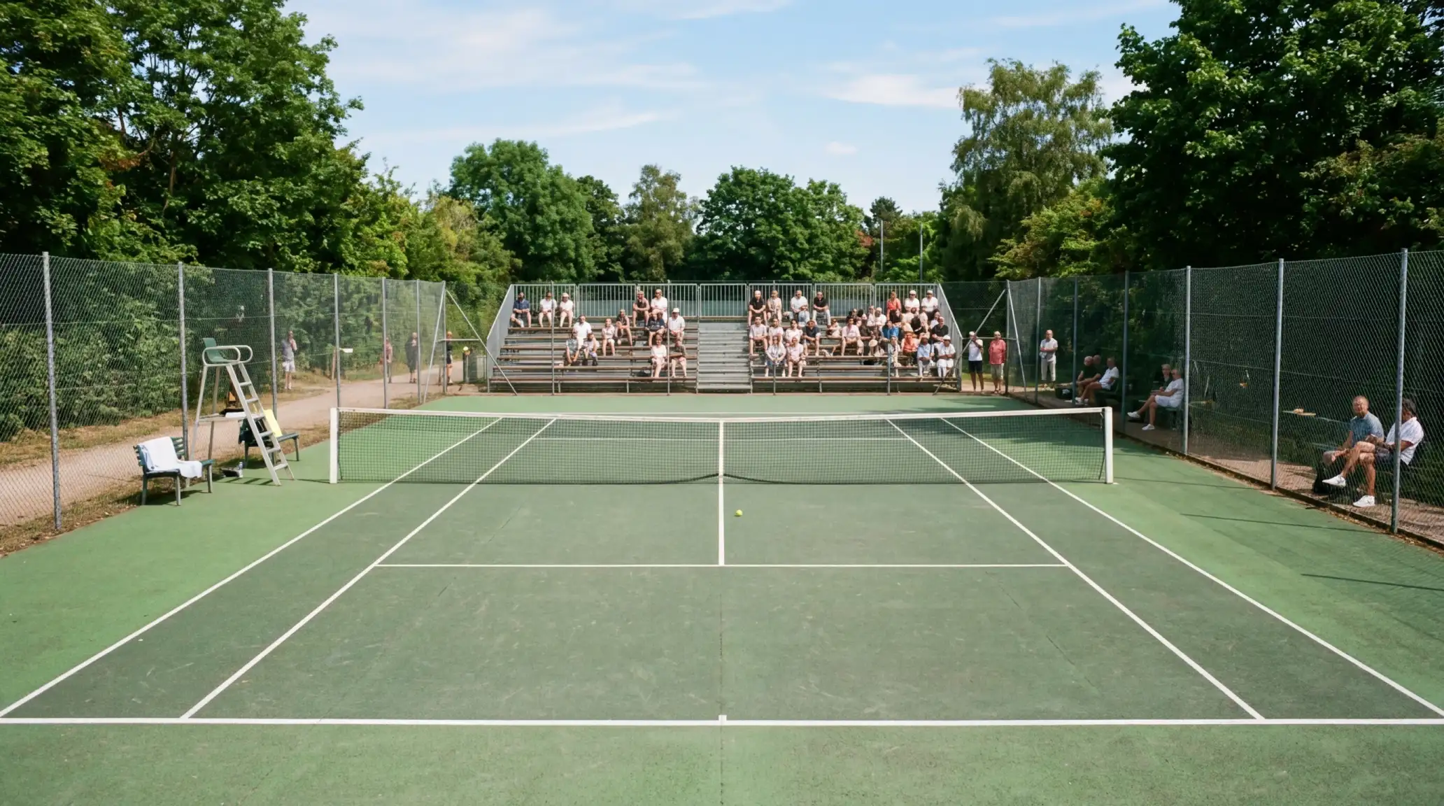 Pequeno campo de ténis com bancadas modestas num torneio Challenger