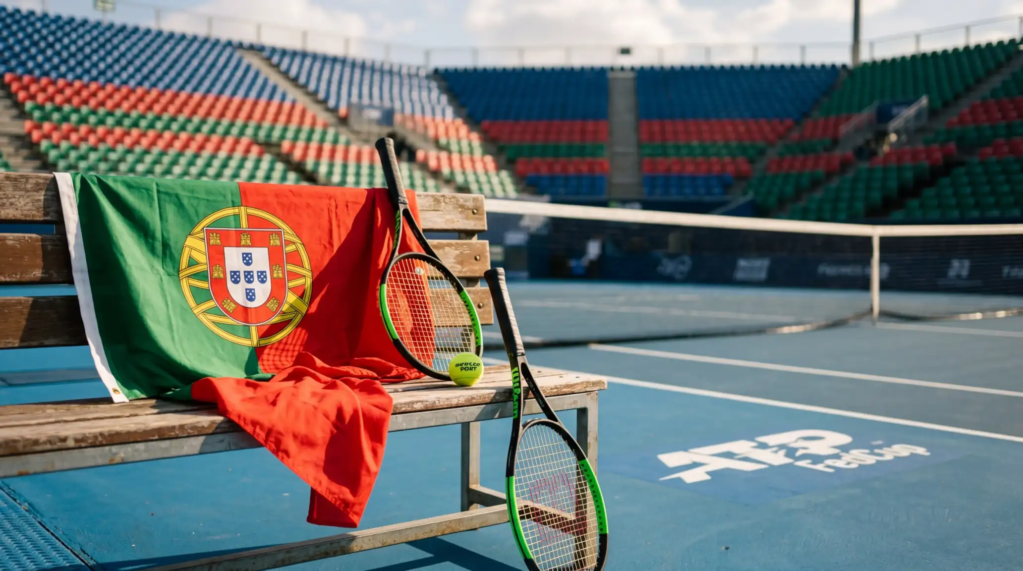 Bandeira de Portugal ao lado de uma raquete de ténis e bola num campo de piso duro