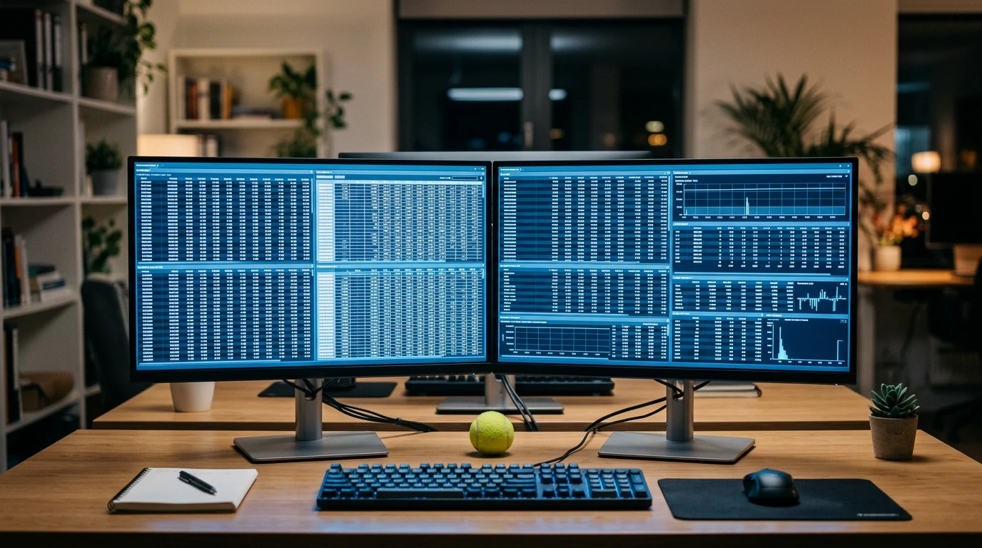Dois ecras de computador lado a lado com tabelas de numeros sobre apostas de ténis