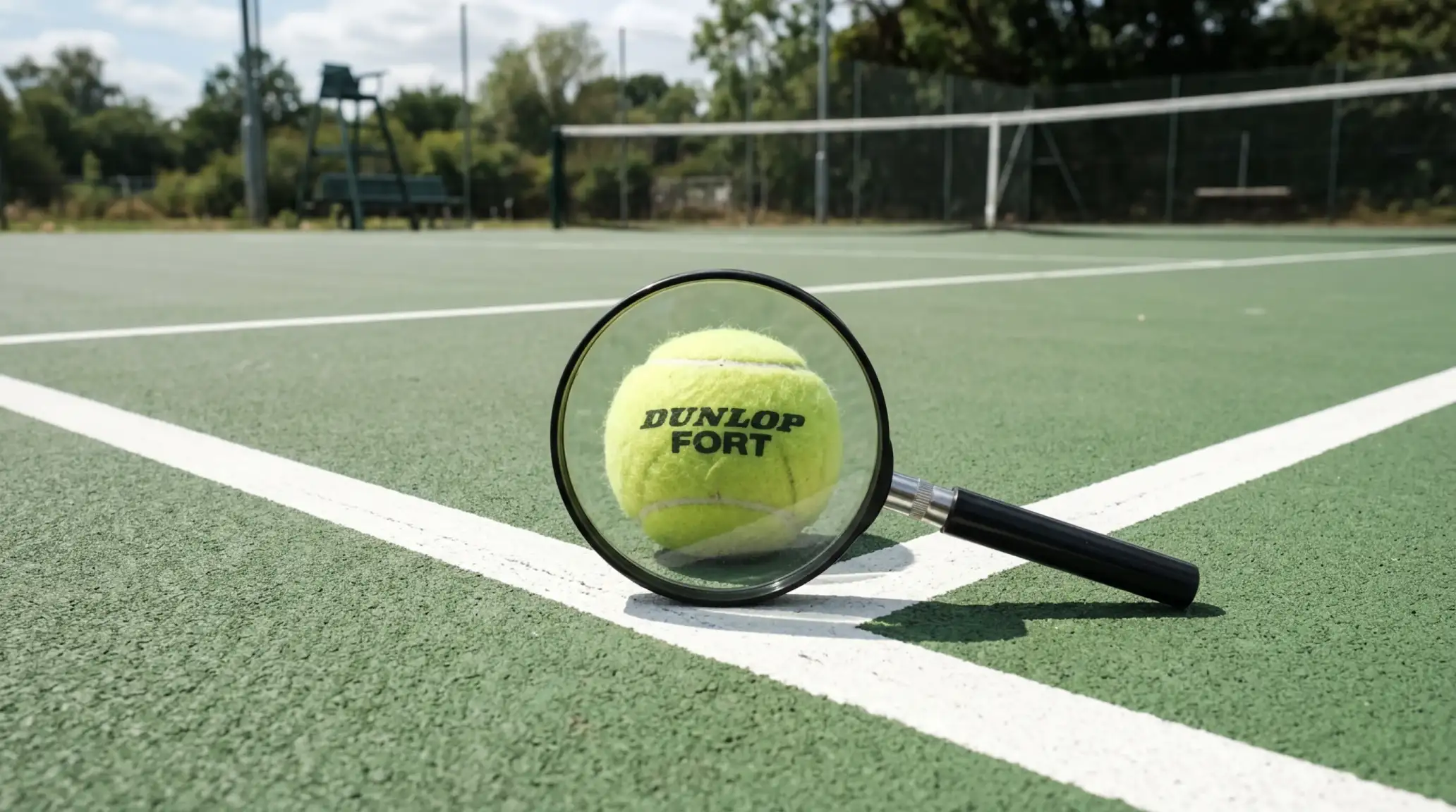 Lupa sobre uma bola de ténis num campo vazio