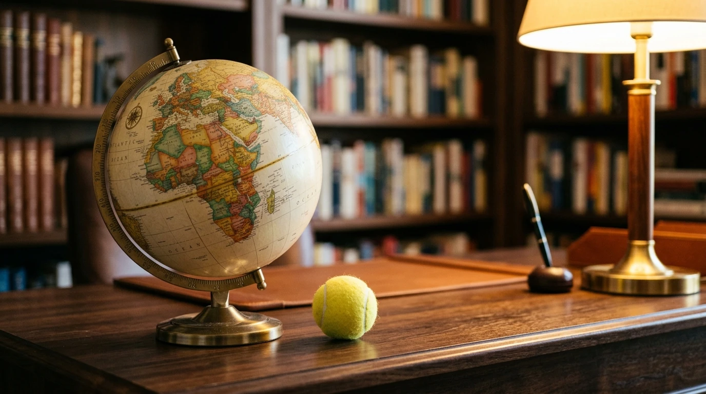 Globo terrestre com uma bola de ténis sobre a secretaria de um escritorio